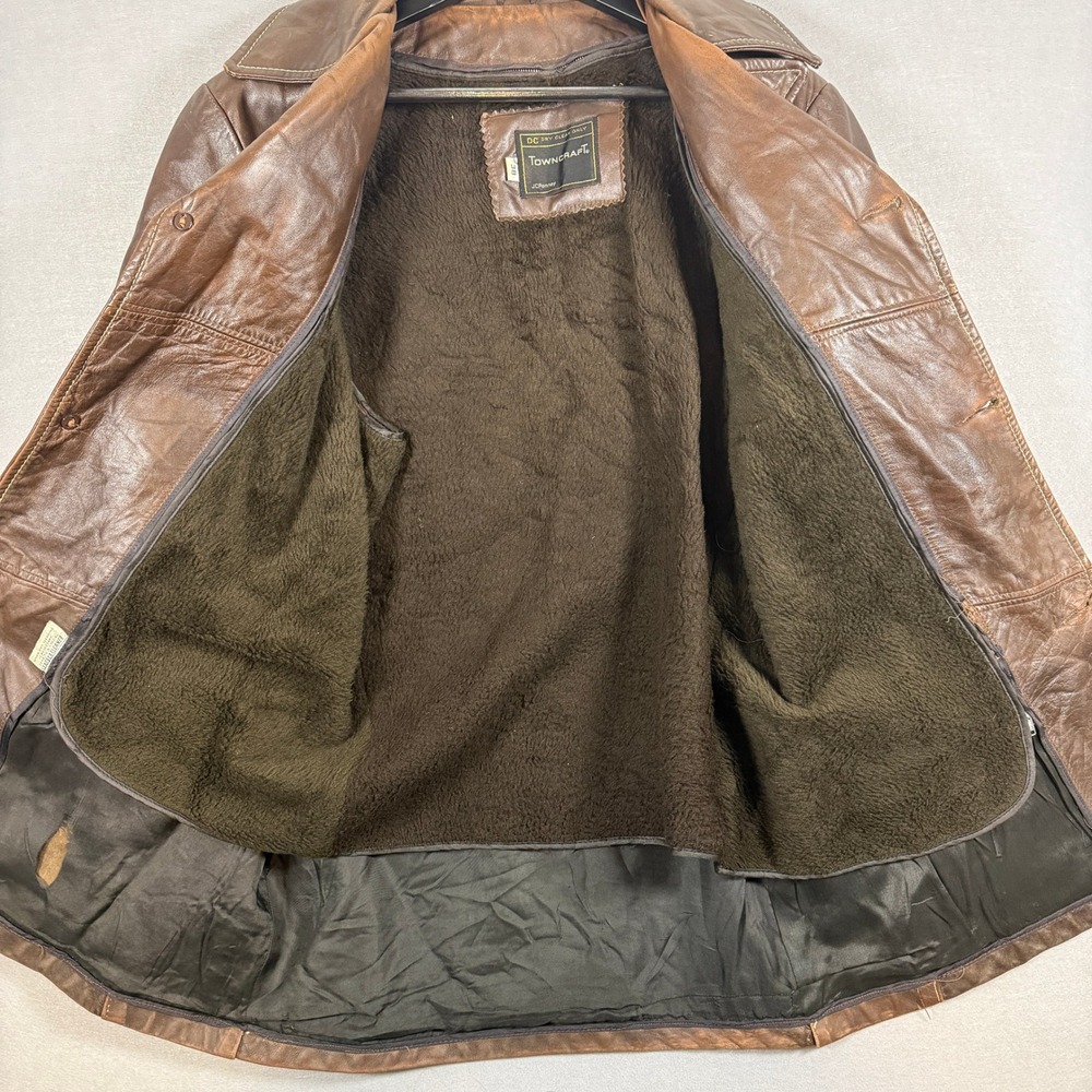 Vintage 70's Towncraft Leather Jacket Safari Coat Size 38 Brown Front Pockets - Picture 4 of 15